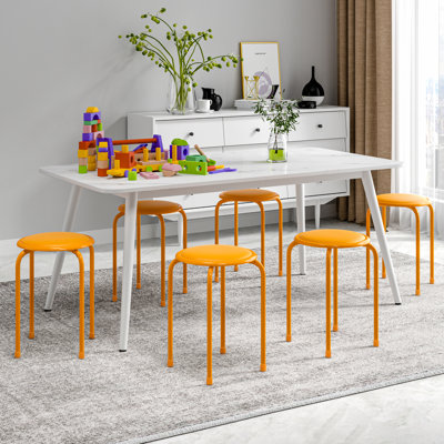 Set Of 6 Stacking Stools With Padded Seats, 17 Inch Standard Height Padded Stack Stools With Leather Surface, Portable Nesting Round Metal Stools For Home Kitchen Indoor Outdoor, Assorted Color, Pack Of 6