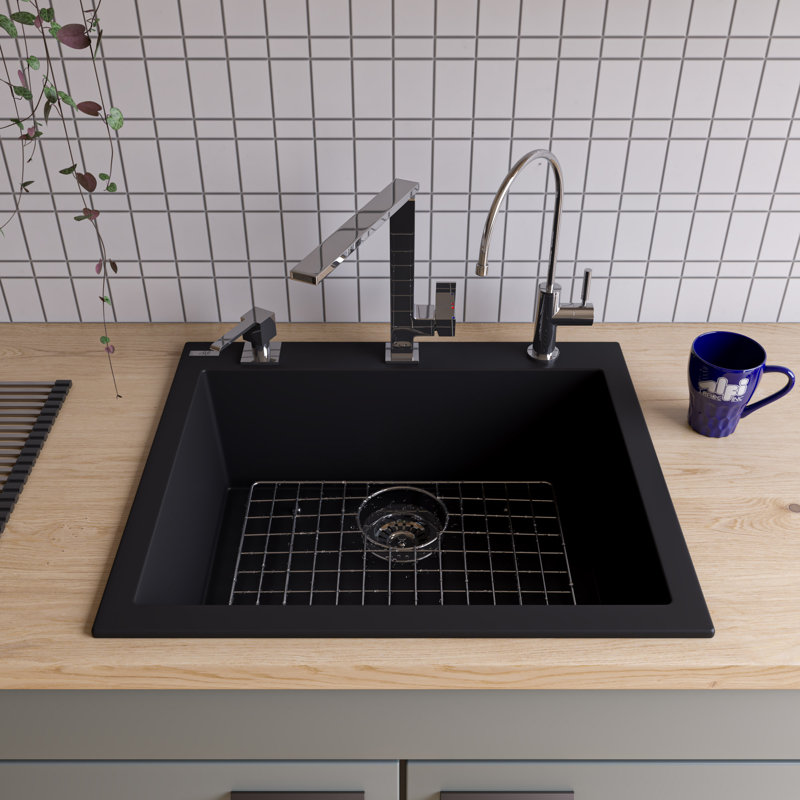 Alfi Brand 20.88'' W Single Bowl Granite Drop-In Kitchen Sink with 1 Faucet Hole, Black