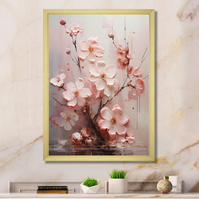 «Minimalist Pink Blossoming Cherr Blossoms I», reproduction sur toile, Cadre doré à une seule photo