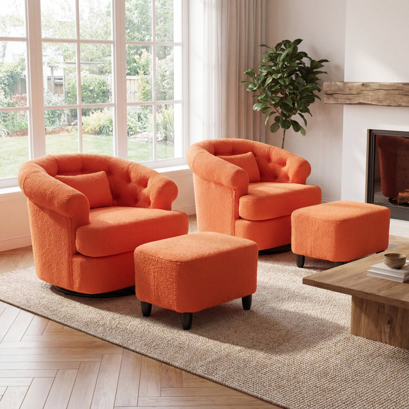 Swivel Barrel Accent Chair With Ottoman Bouclé Upholstery Modern Lounge Set(Set Of 2), Orange