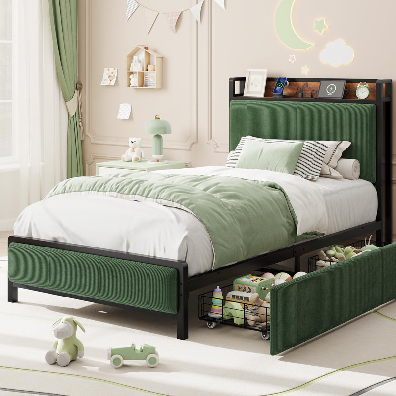 Structure de lit simple TG avec 2 tiroirs et station de charge, vert, Extra-long Twin, Black tube + dark green