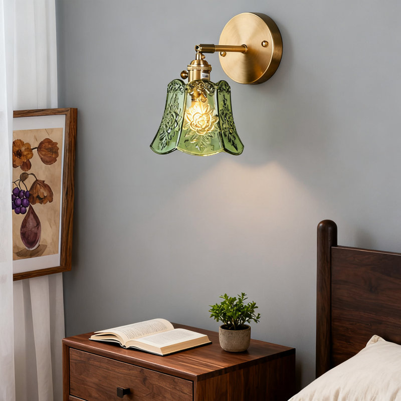 Vintage 1-Light Green Embossed Glass Wall Sconce With Brass Finish for Bedroom and Hallway