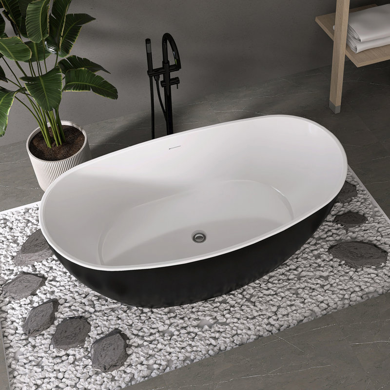 Baignoire autoportante Fslefay 60'' en acrylique noir, avec trop-plein et bonde clic-clac.