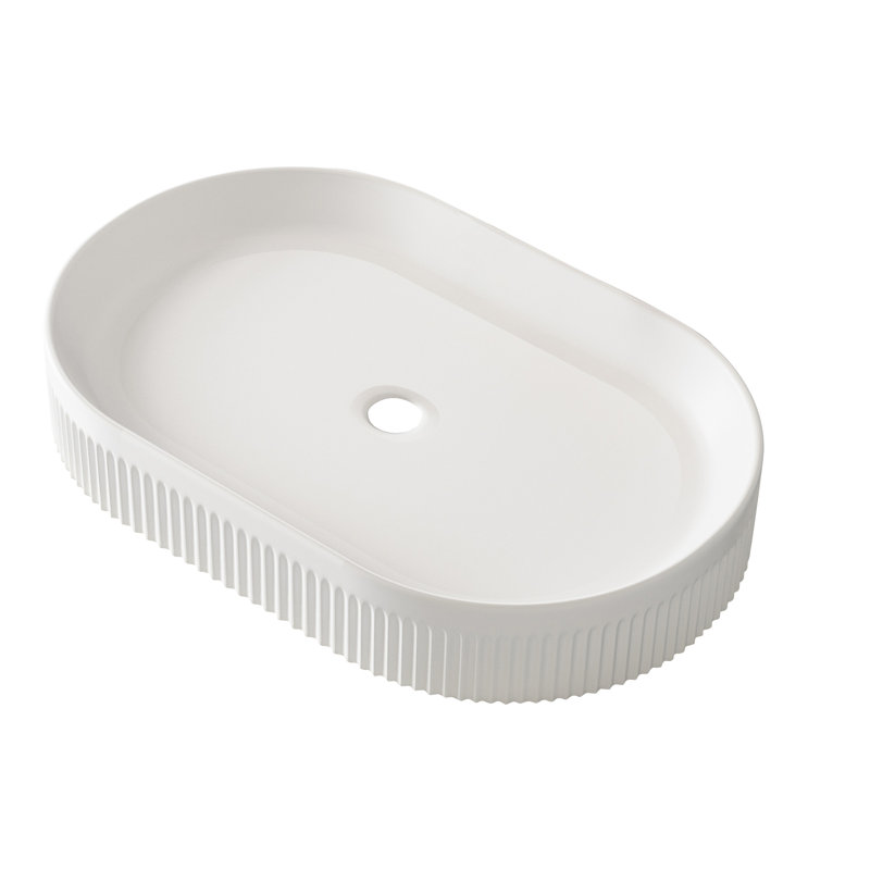White Ceramic 22.8 - Inch Bathroom Vanity, Oval Vessel Sink With Vertical Striped Body, Center Drain And Pop Up, Splash Component Vanity Up Drain, Prevents Water On Counters