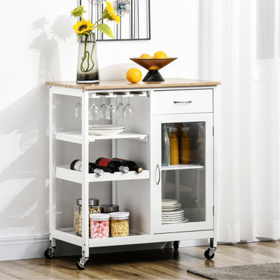 Rolling Kitchen Island with Storage & Wine Rack – Mobile Bar Cart with Stemware Holder, Drawer, and Cabinet – Bamboo Top Kitchen Cart on Wheels