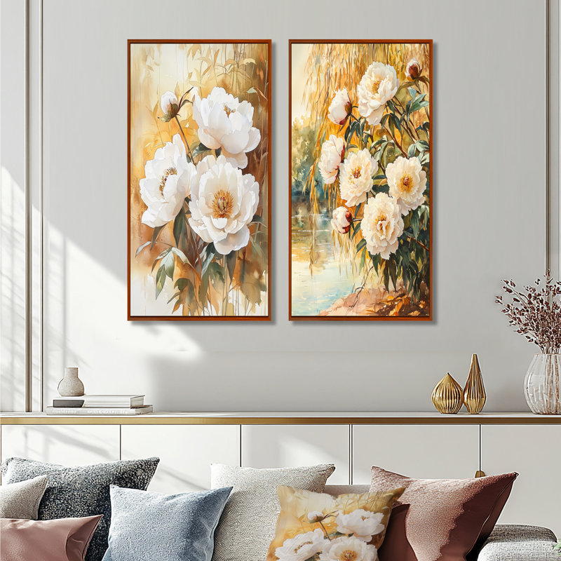 Pivoines par le saule d'automne III - art mural floral 2 pièces, H 28 po x l 25 po, Impression encadrée flottante, Brun