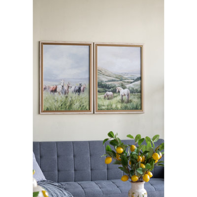 23,6 x 31,5 po, de 2, impressions sur toile multicolores, motifs de chevaux, vues de campagne, salon, bureau, salle à manger, ciel bleu calme, verdure, décor rustique, décors transitionnels, styles, styles