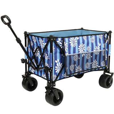 Heavy-Duty 480lbs Folding Wagon Cart with Bonus Picnic Mat - All-Terrain Beach Wheels, Drink Holders, Brakes & Side Pocket for  Camping, Garden, Sports, blue vertical print