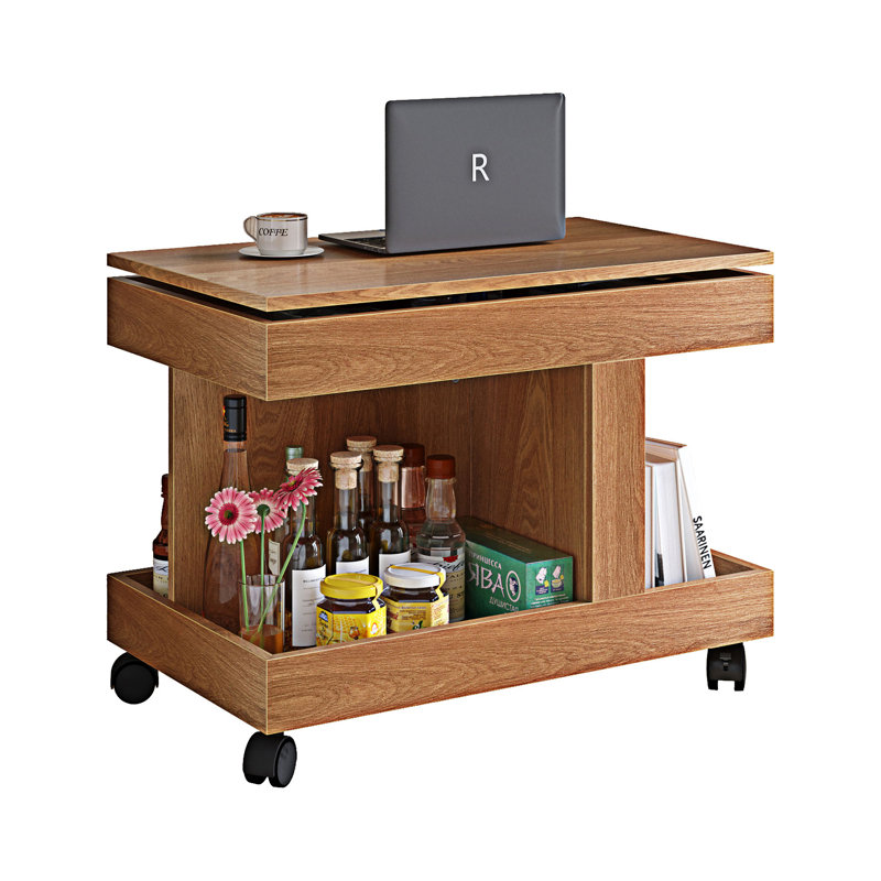 Petite table d'appoint avec roulettes et rangement, Naturel
