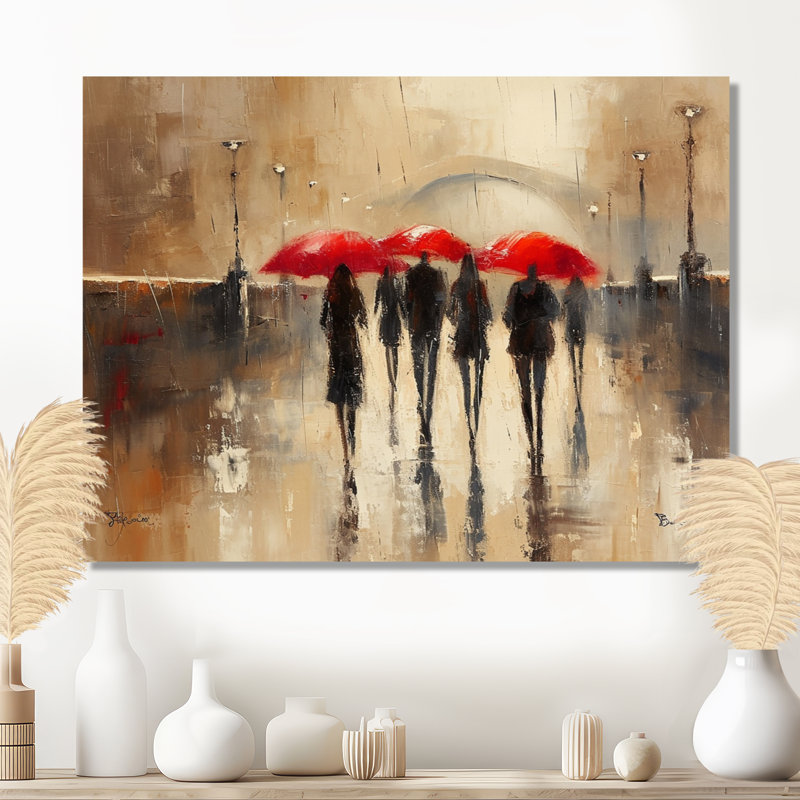 Les parapluies rouges, jour de pluie, pont sur la seine I - City Paris Wall Art Living Room, Toile tendue, H 24 po x l 32 po