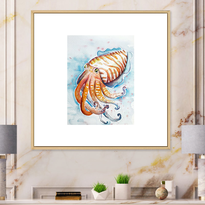 Aquarelle, seiche, art, H 30 po x l 30 po x P 1 po, Toile naturelle avec cadre flottant