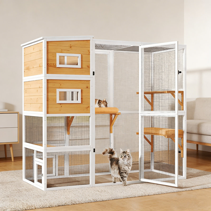 Catio d'extérieur en bois résistant aux intempéries pour plusieurs chats avec boîte de repos et plateforme, Jaune / Blanc
