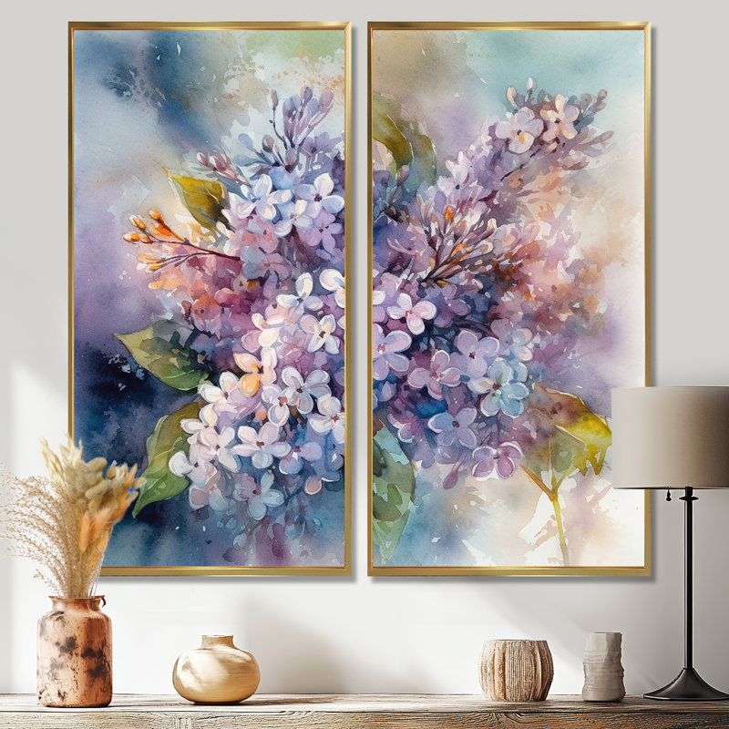 Mauve et vert lilas IV - lilas floral, art mural 2 panneaux, H 20 po x l 24 po, Impression encadrée flottante, Doré