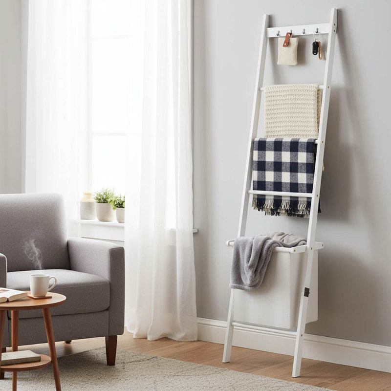 Bamboo 5-Tier Blanket Ladder With Storage Basket & Hooks, White