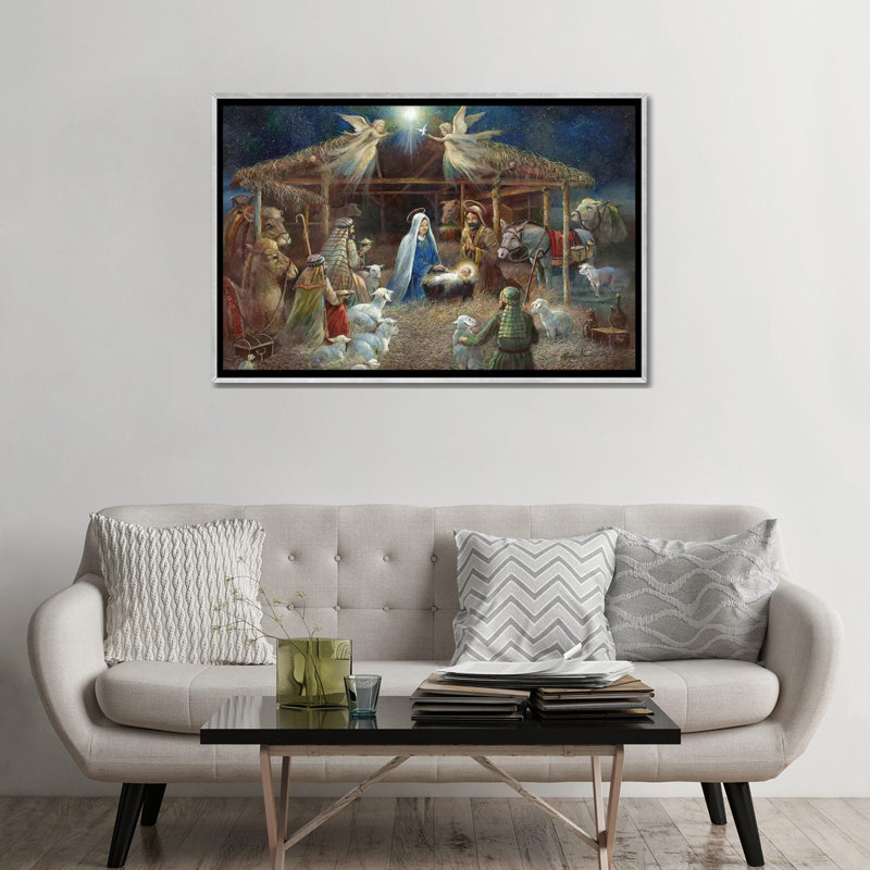 La Nativité par Ruane Manning - reproduction d'art, H 32 po x l 48 po x 1,5 po, Toile avec cadre argenté, Aucun mat