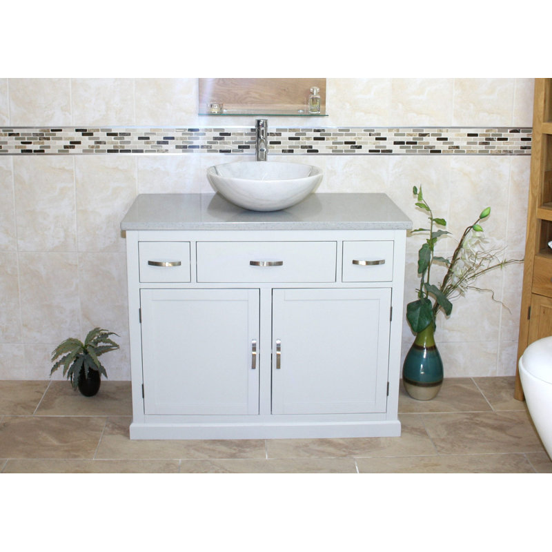 Rodger 1000mm Single Bathroom Vanity with Vessel Stone Basin, White, Grey Quartz, Grey