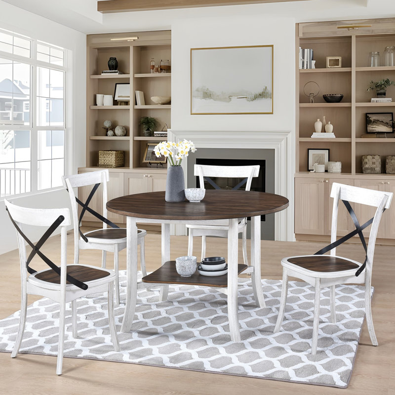 Dining Room Setup - Timeless Style With Antique Dark Oak And White Colors Round Up Stylish Chairs Curved Backrests, Table Extra Space