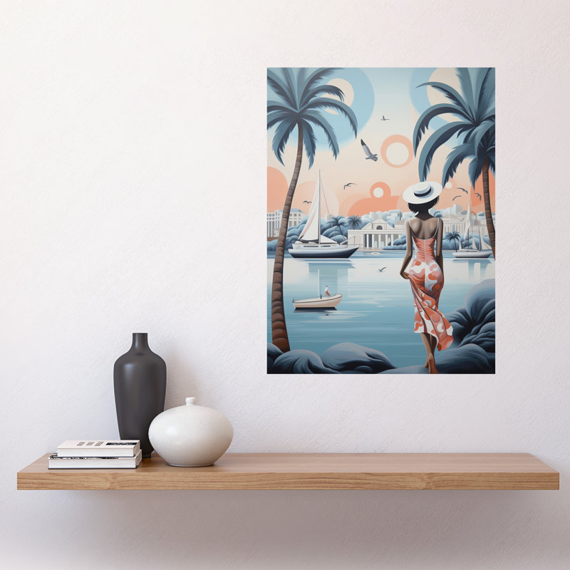 Wall Art Print French Riviera Palm Tree Coastline Boats Stylised Artwork Teal Woman Cote d'Azur Nice Coastal Landscape Poster