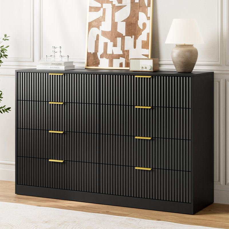 Commode cannelée pour chambre à coucher avec 8 tiroirs, 55 po de large commode moderne noire avec poignée en métal, Noir