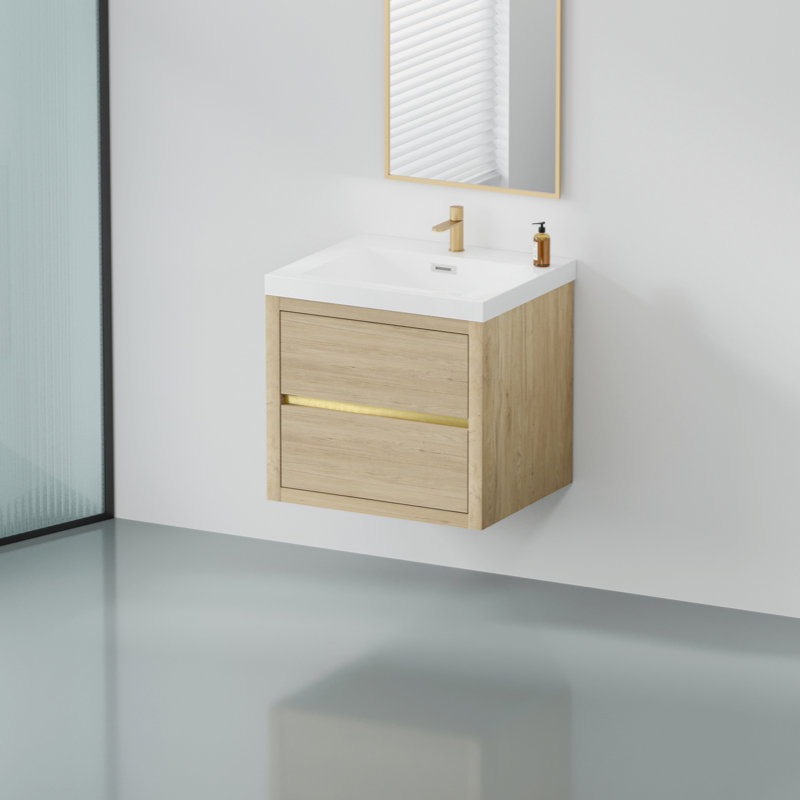 Meuble-lavabo mural 24 po avec lavabo, meuble de rangement flottant pour salle de bain avec comptoir en résine de pierre et tiroirs à fermeture en douceur