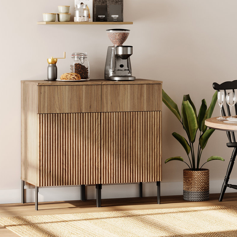Union Rustic 31.5" Wooden 2-Doors Sideboard With Charging Station, Modern Reeded Credenza Storage Cabinet For Kitchen, Dining Room