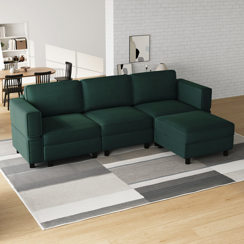 Canapé modulaire en L avec repose-pieds mobile, Green Velvet, H 33,9 po x l 88,6 po x P 57,1 po 