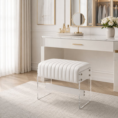 Tabouret de coiffeuse simple de luxe moderne avec surface en similicuir blanc et coussin éponge haute densité, pieds en acrylique transparent, convenant à la chambre à coucher, au vestibule et au salon