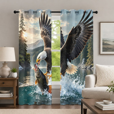 2Pcs Eagle Catching Fish Curtains, Wilderness Landscape Pattern Window Treatment, Nature Animal Theme Printed Grommet Drapes, Artistic Decor for Bedroom Living Room