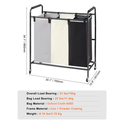 3-Section Laundry Basket, Laundry Sorter Cart with Heavy-Duty Lockable Wheels for Dirty Clothes in Laundry Room Bedroom, Heavy-Duty Laundry Hamper Storage Organizer