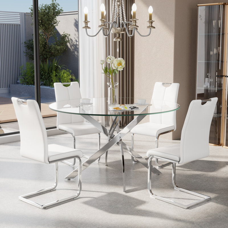 Ensemble de salle à manger 5 pièces, H 29,5 po x L 47 po x l 47 po, Argent, Blanc / argent