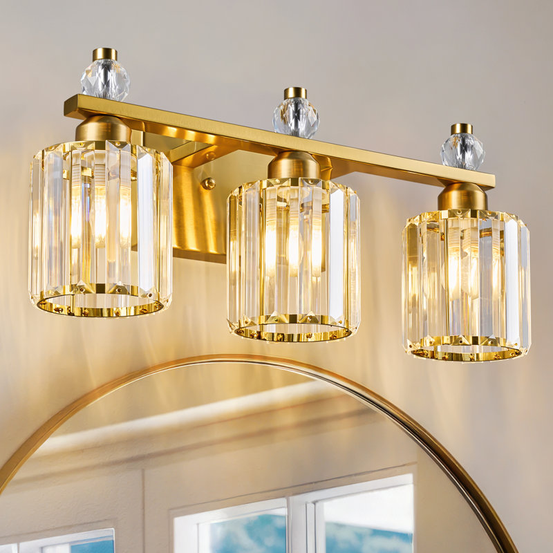 Lampe de meuble-lavabo moderne en cristal avec abat-jour cylindrique, Doré, Trois lumières