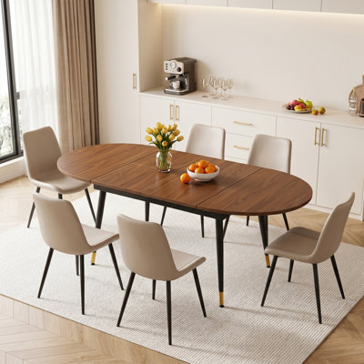 Modern Mid-Century 7-Piece Dining Set, 79" Oval Extendable With Upholstered Dining Chairs 