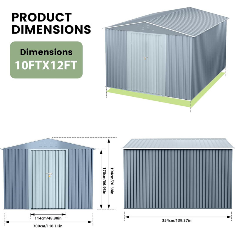 10x12 Ft Grey and Brown Galvanized Steel Outdoor Storage Shed with Lockable Doors for Extra Large Utility and Tool Storage