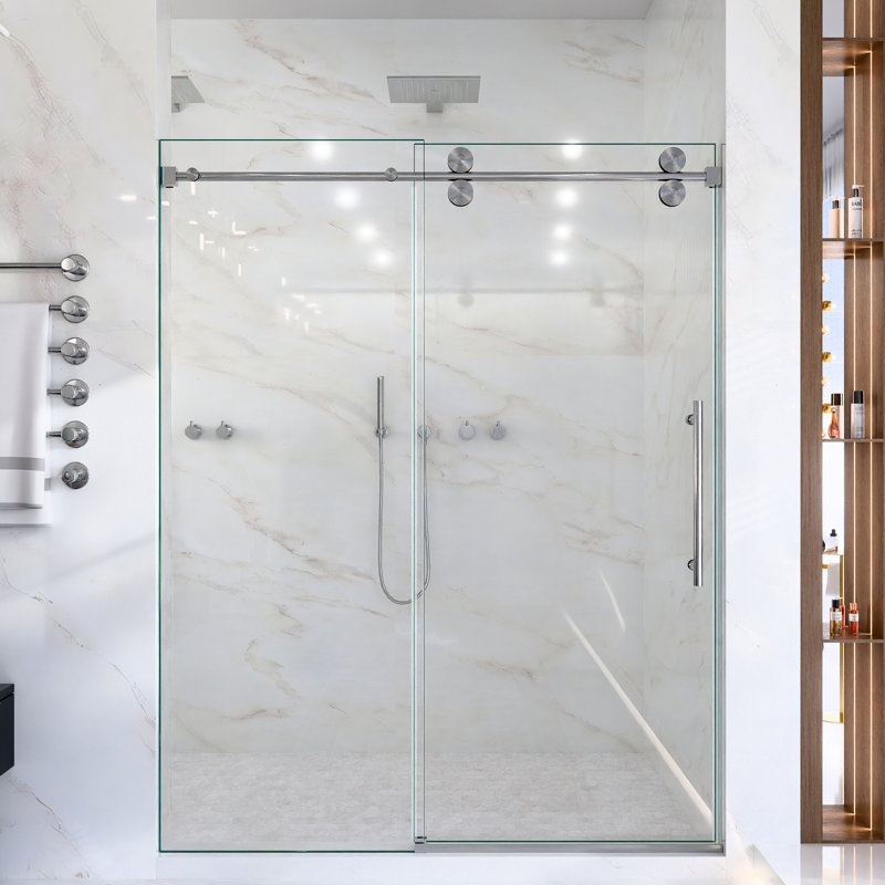 Porte de douche coulissante simple de 56 à 60 po de hauteur, H 72 po, verre trempé transparent de 5/16 po et 8 mm, conception en dérivation, finition en nickel brossé, 304 rouleaux, détachement, rail rond, étanchéité à l'eau et poignée en acier inoxydable