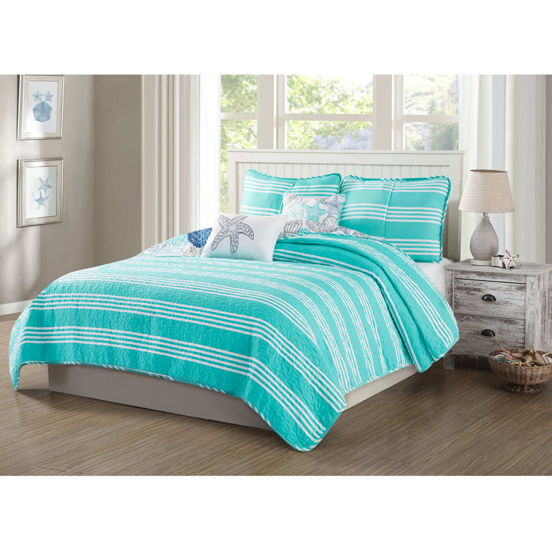 King Size Blue Microfiber Reversible Coastal Quilt Set