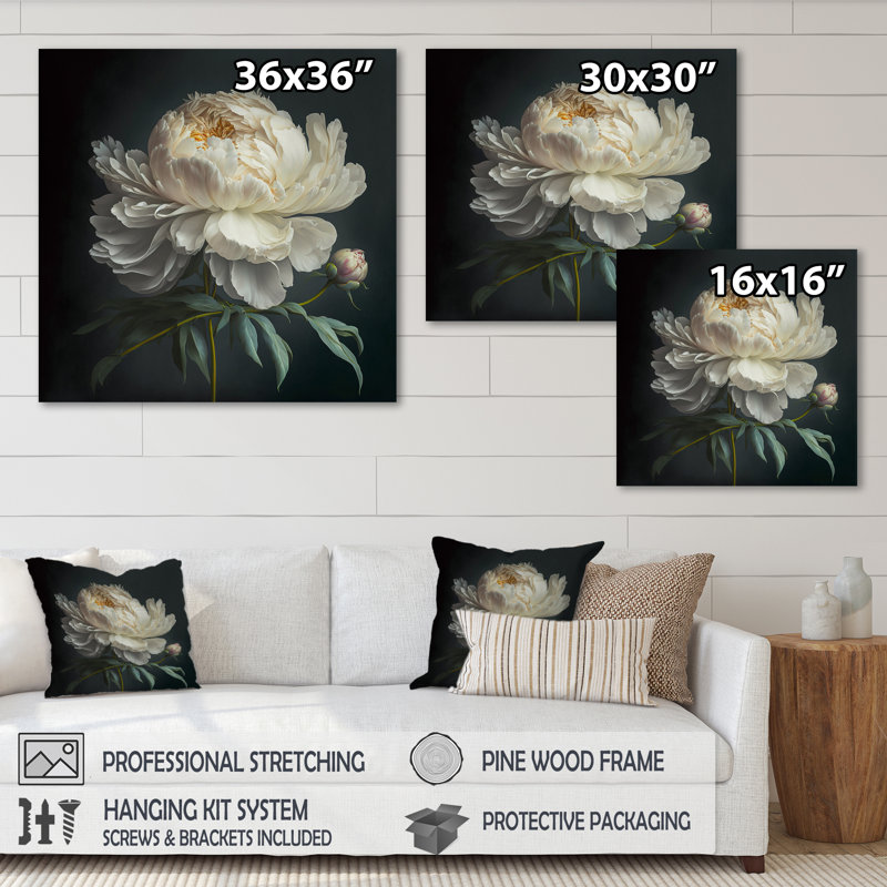 Blooming White Peony V - Art mural pivoine, H 16 po x l 16 po, Toile tendue, Sans cadre