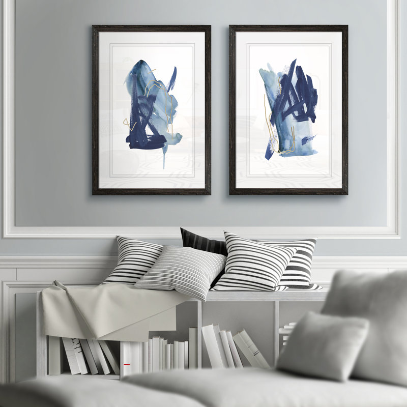 «Indigo Collide I» par Melissa Wang - ensemble de 2 peintures encadrées, H 24 po x l 18 po, Ébène