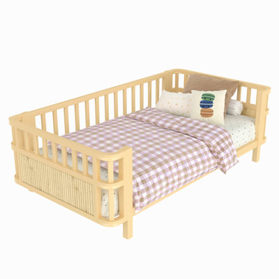 Children'S Double Wooden Platform Bed With Railings, A Low Iron Double Bed With Railings, Suitable For Girls And Boys