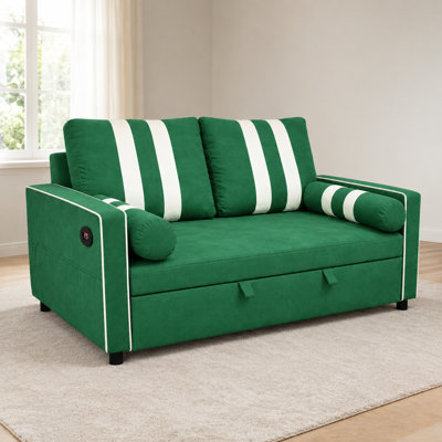 Green 2-Seater Pull-Out Sofa Bed, Convertible Sleeper with USB Port & Side Storage Pocket, Space-Saving for Living Room Apartment