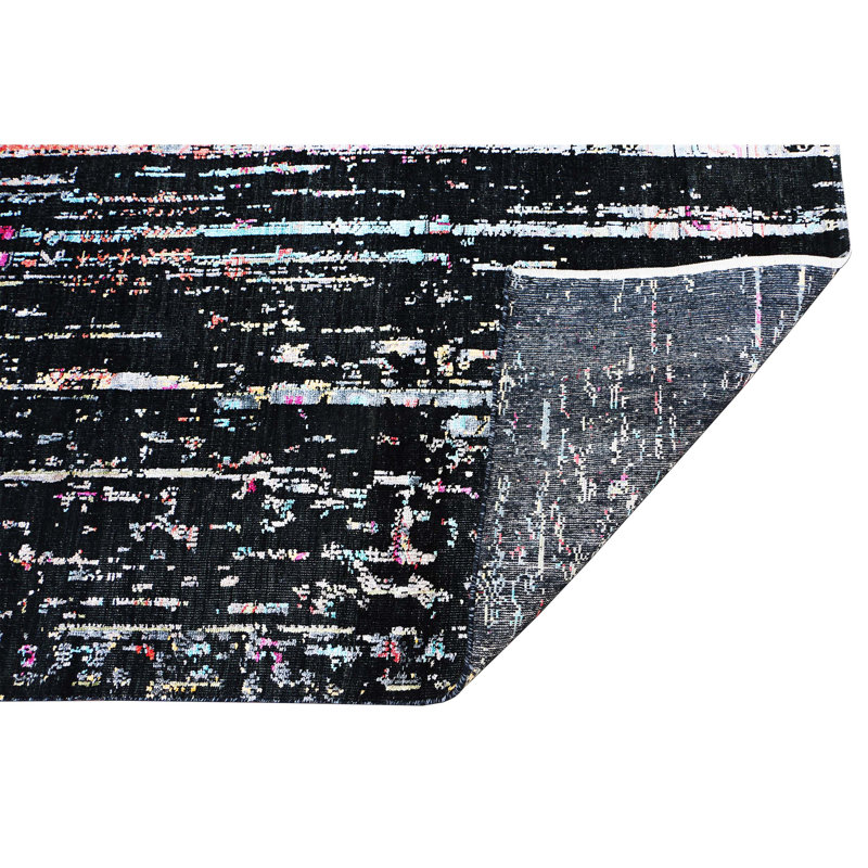 Hand Knotted Abstract Area Rug in Black/Light Pink/Blue, Rectangle 5' x 8'