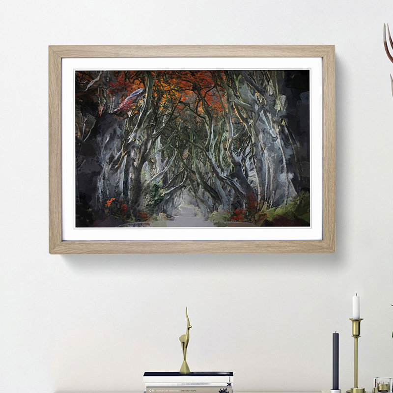 Dark Hedges Tree Road Ireland in Abstract - Picture Frame Graphic Art Print on MDF, 48cm H x 65cm W x 2cm D, Oak Framed