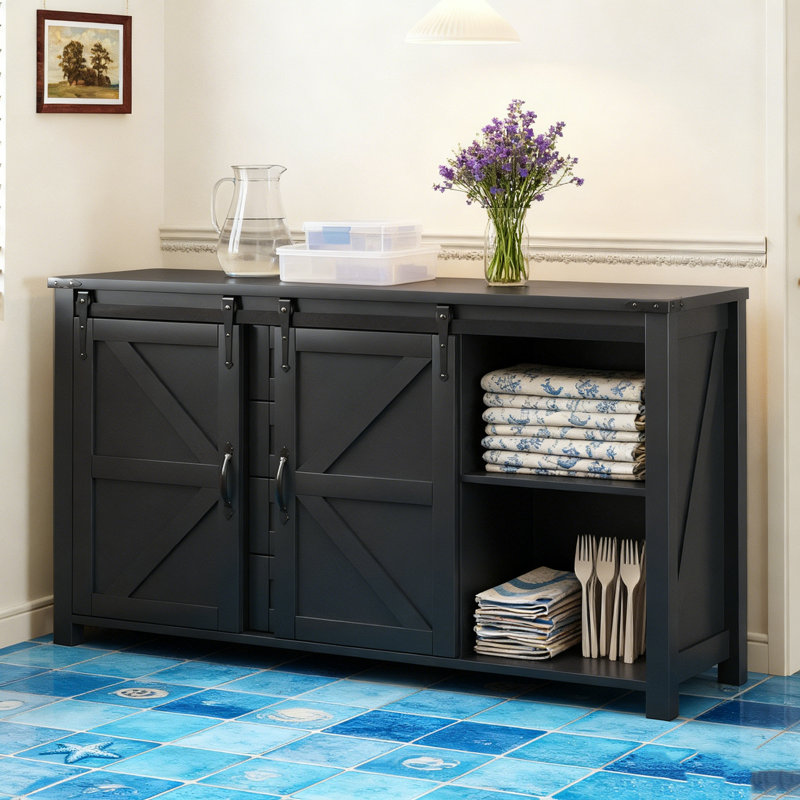 Armoire de rangement avec portes de grange coulissantes et 4 tiroirs, Black