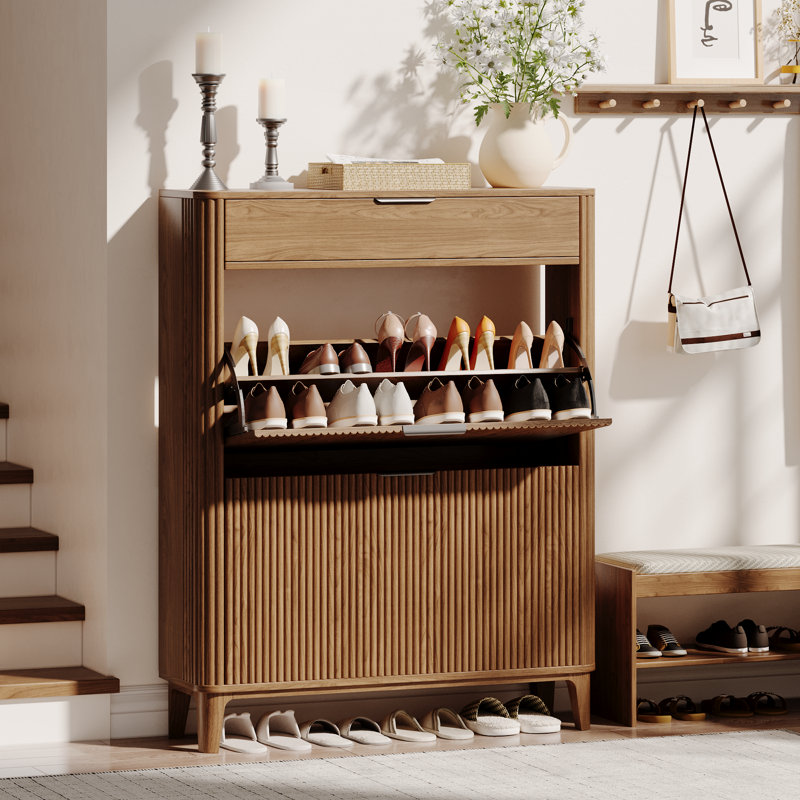 Fluted Shoe Storage Cabinet With 2 Flip Drawers & Top Drawer, 31.5"w Narrow Hidden Shoe Rack Cabinet, Brown