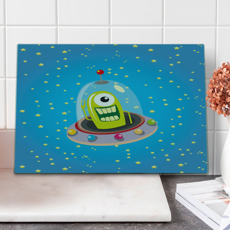 Ambesonne Space Cutting Board Large Size Comic UFO and Alien Multicolor