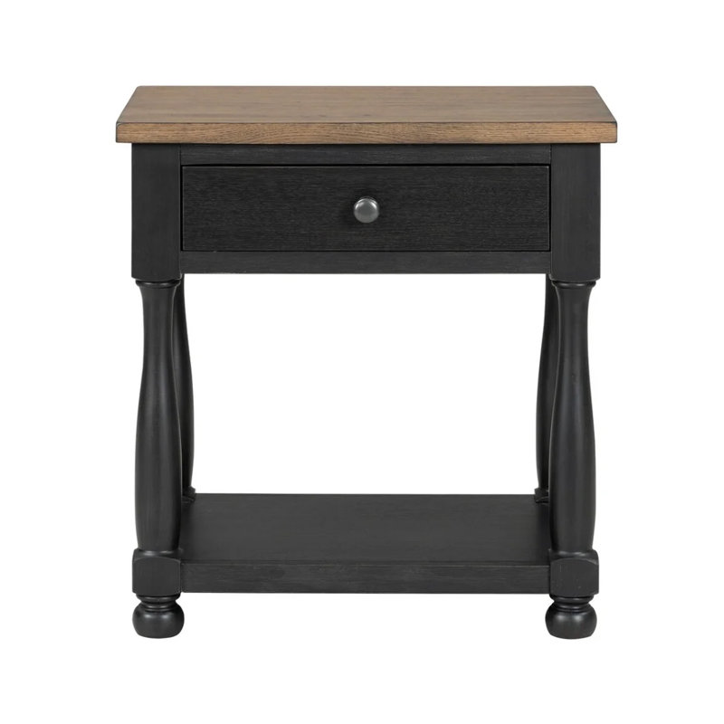 Table de chevet Ginie, ports USB et tiroir, tablette, bois de chêne rustique noir