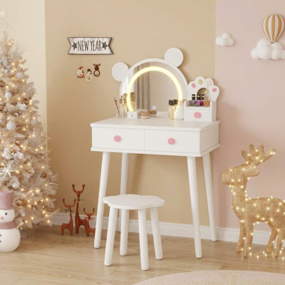 Kids Vanity Set with Mirror & Stool, White Wooden Princess Makeup Vanity Table with 3-Color LED Lights, Pretend Play Beauty Vanitys Table Bedroom Ages 3+, Bear-Shaped