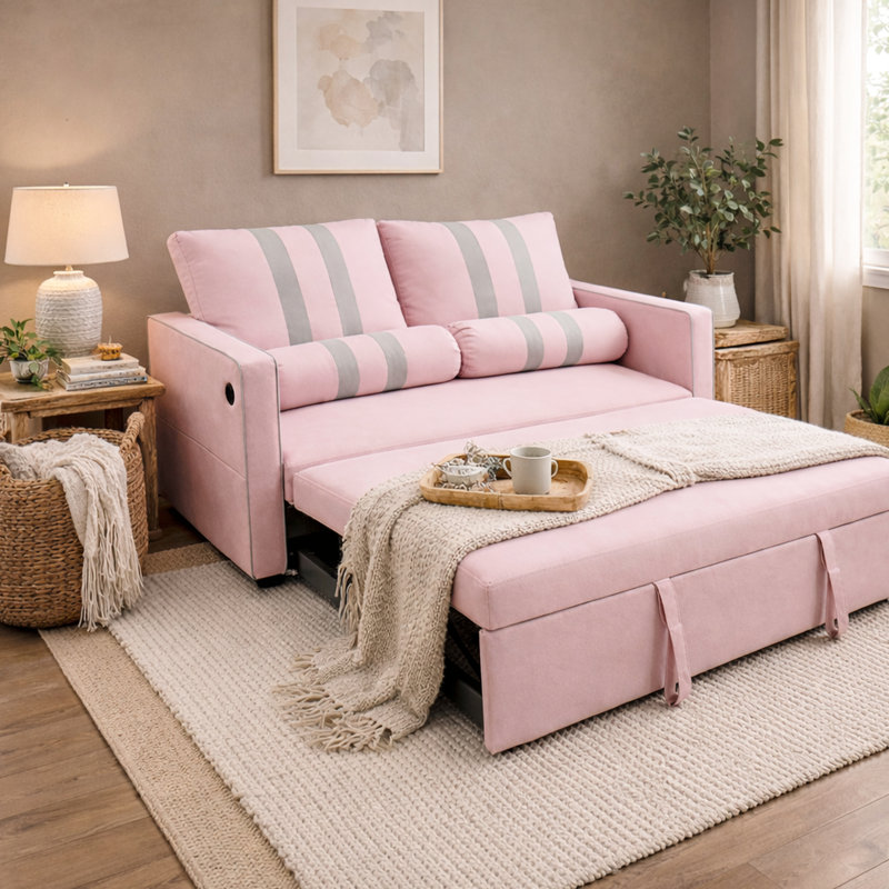 Canapé-lit 2 places rose avec mousse à haute densité, charge, poche élastique, revêtement élégant pour le lit des chambres d'amis, accoudoir de charge sur le dos, dossier réglable à 3 niveaux, rangement latéral, mousse moderne