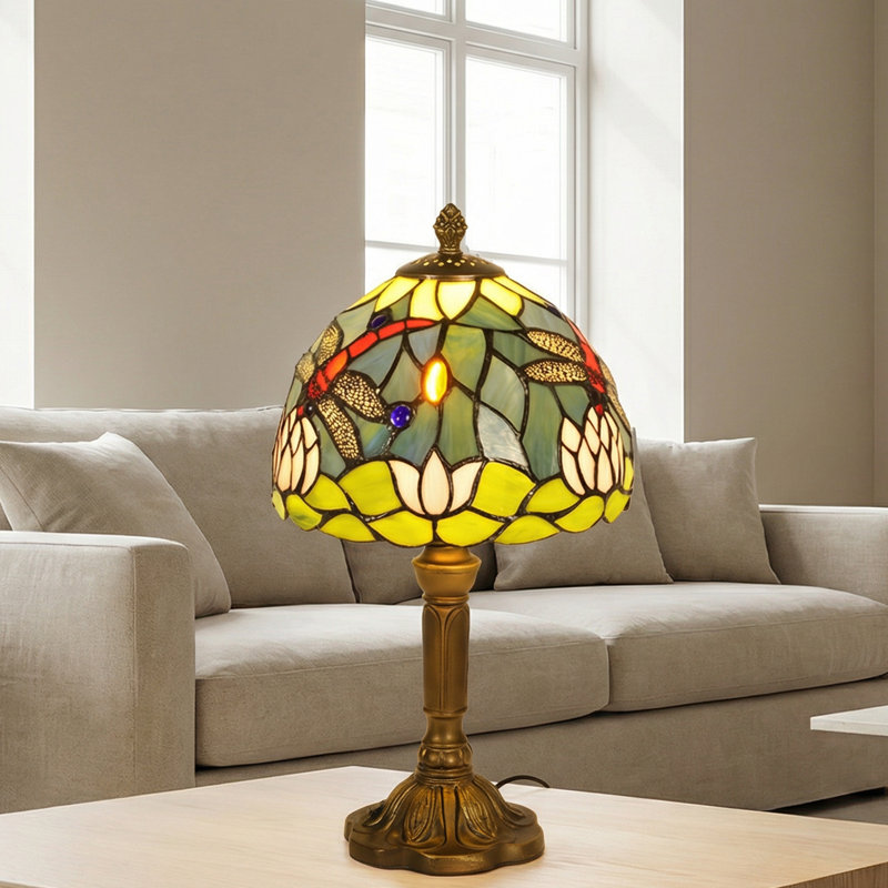 Tiffany-style Dragonfly And Lotus Table Lamp, Decorative Desk Light Decor With Bulbs