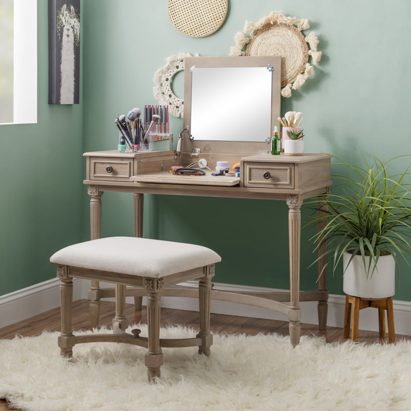June Natural Two Drawer Flip Top Vanity Set with Stool