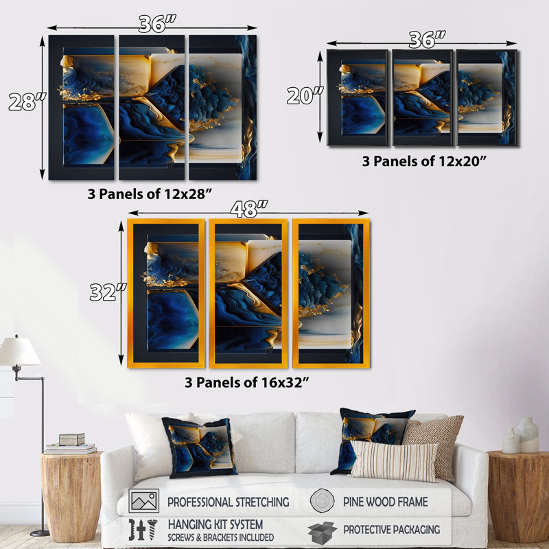 «Abstract Geode Gold and Blue Marble Shape II», reproduction sur toile 3 pièces, Cadre flottant doré